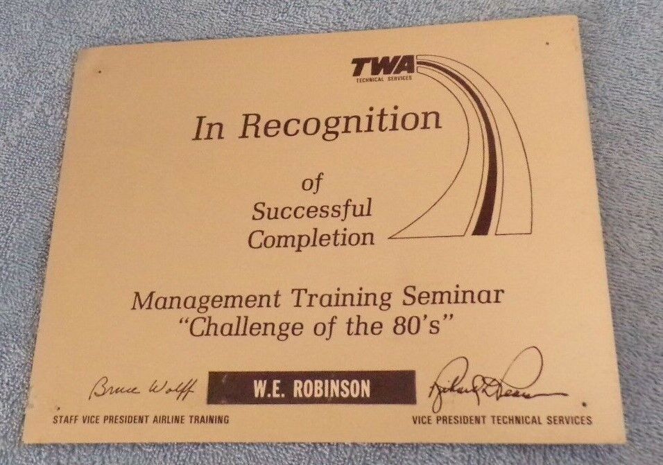 TWA Memorabilia: Rare TWA "Metal" Certificate of Completion From The 80's