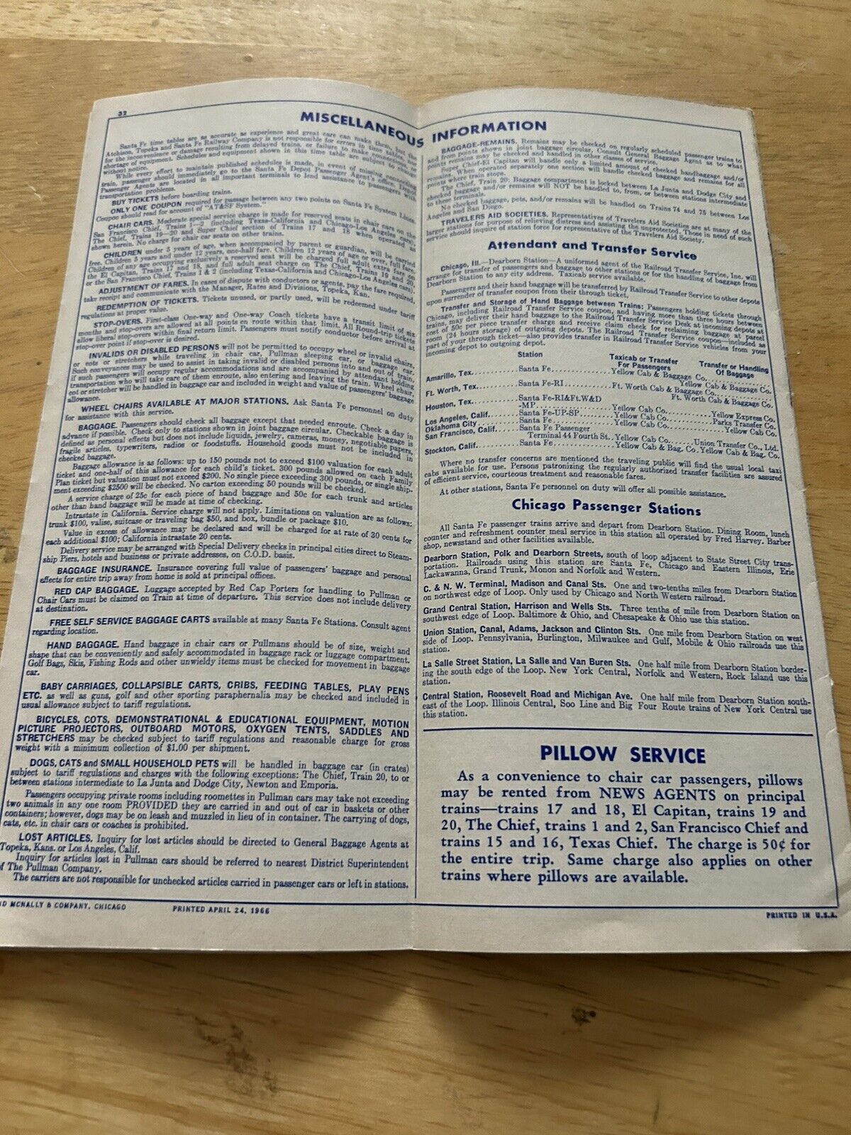 SANTE FE TIMETABLE 1966 SPRING/SUMMER