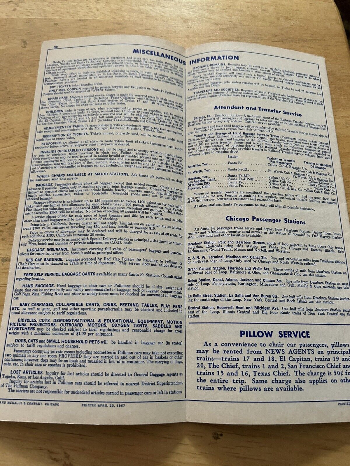 SANTE FE TIMETABLE 1967 SPRING/SUMMER