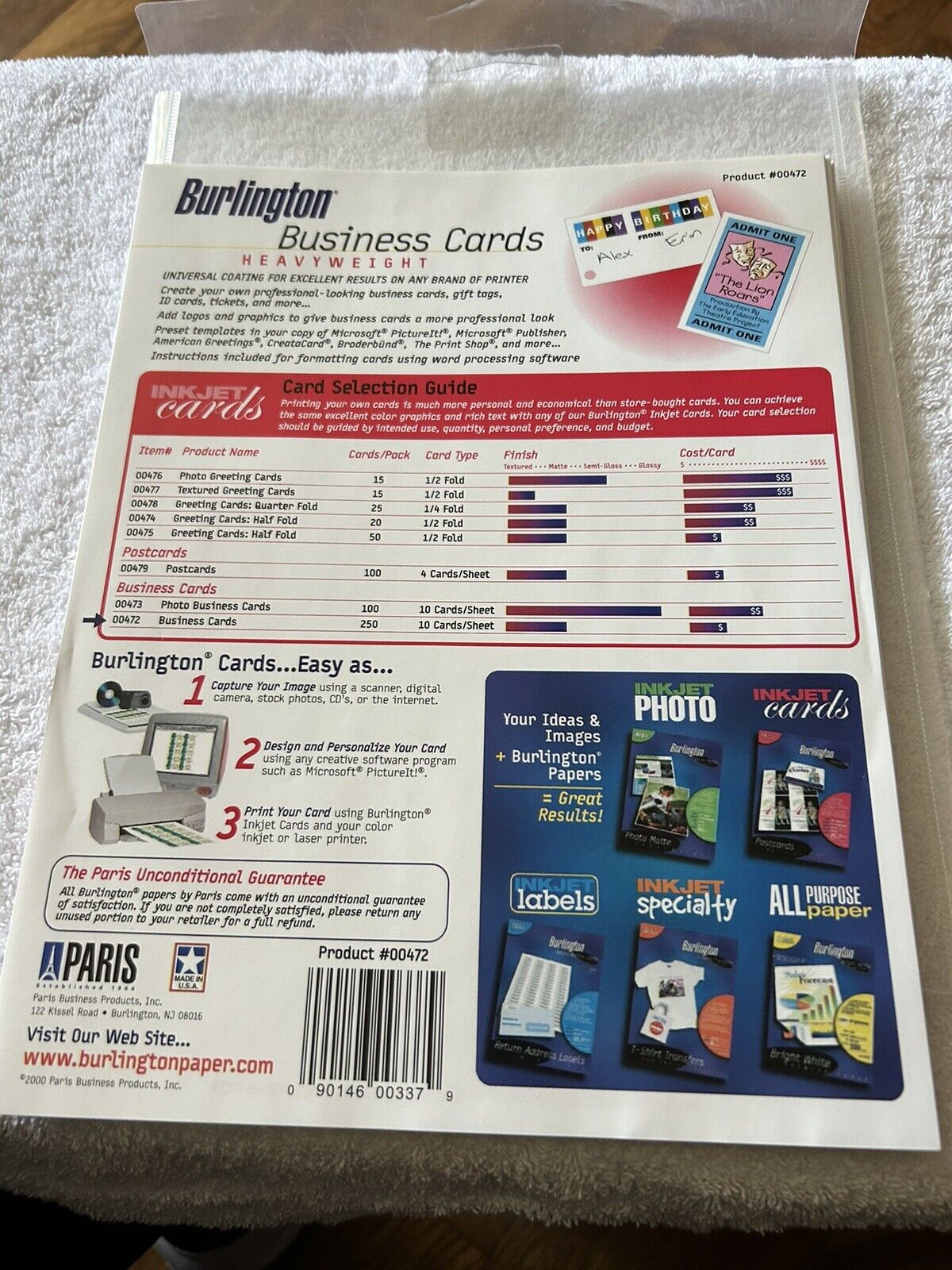 BURLINGTON BUSINESS CARDS--HEAVYWEIGHT --OPENED--22 SHEETS