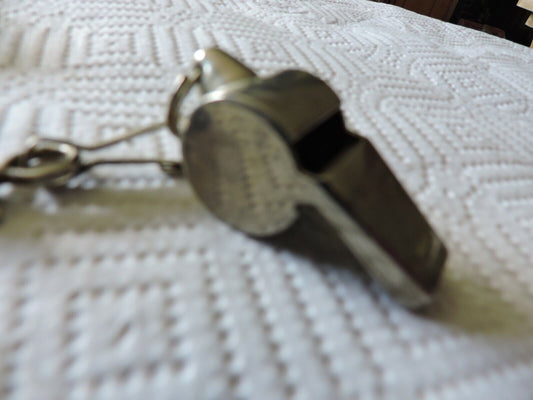 VINTAGE BRASS WHISTLE (WINDSOR CLARION) WITH BLACK LANYARD