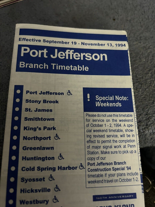 TIMETABLE: LONG ISLAND RAIL ROAD PORT JEFFERSON 9/19-11/13, 1994