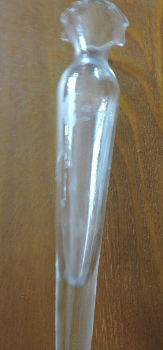 ETCHED GLASS VASE (10 INCHES TALL-BASE 3 INCHES-TOP OPENING 2 INCHES)