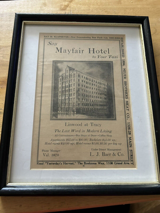 VINTAGE ADVERTISING PIECE FOR: MAYFAIR HOTEL--FRAMED 8X10 INCHES