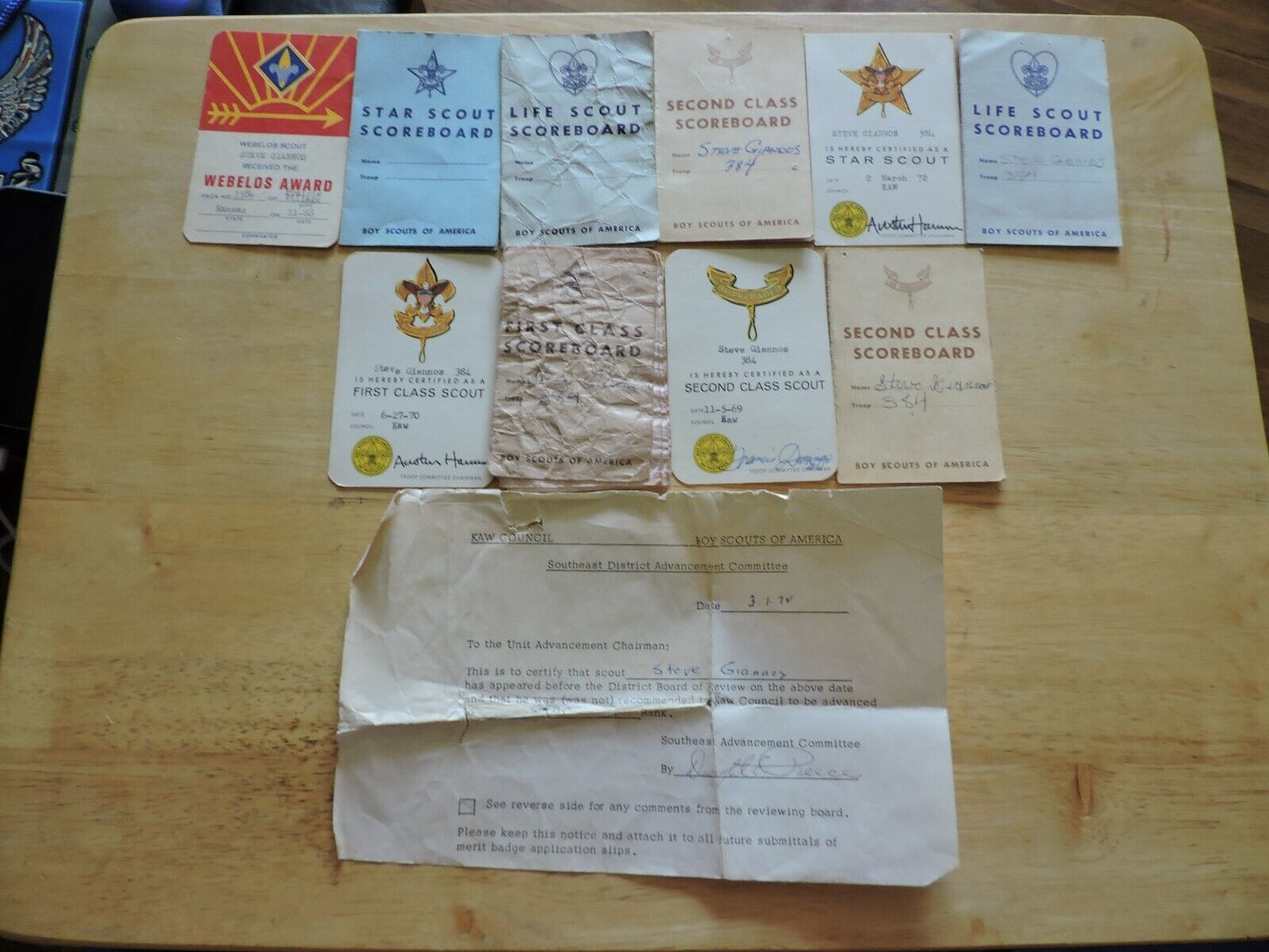 Boy Scout Memorabilia:  Advancement Cards From Between 1968-1973