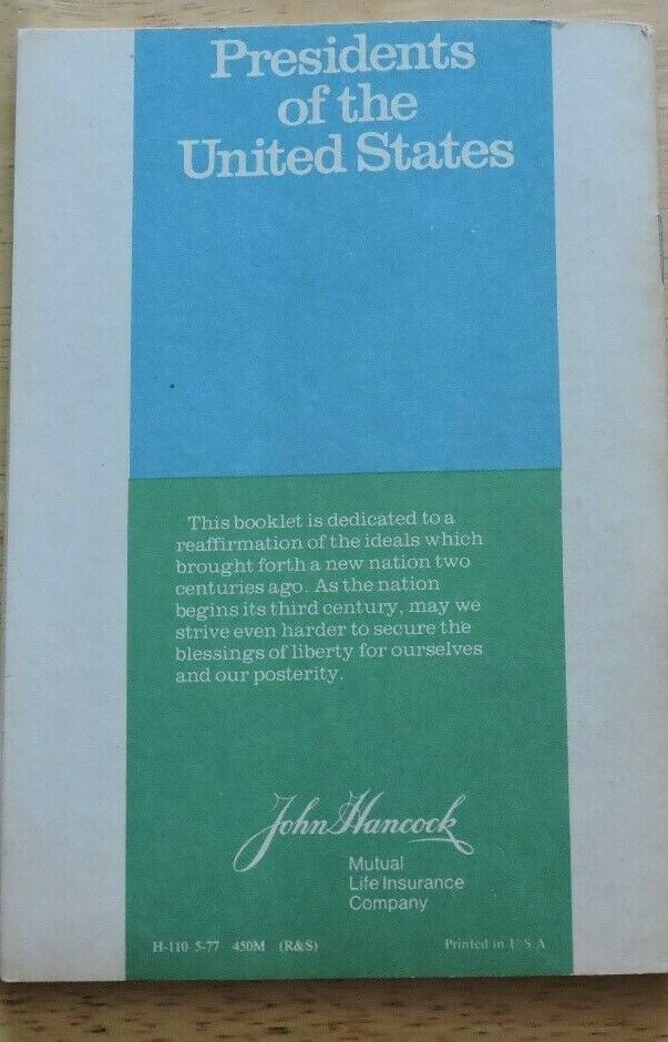 Presidents of The United States Pamphlet, Published 1971 by Hancock Insurance Co