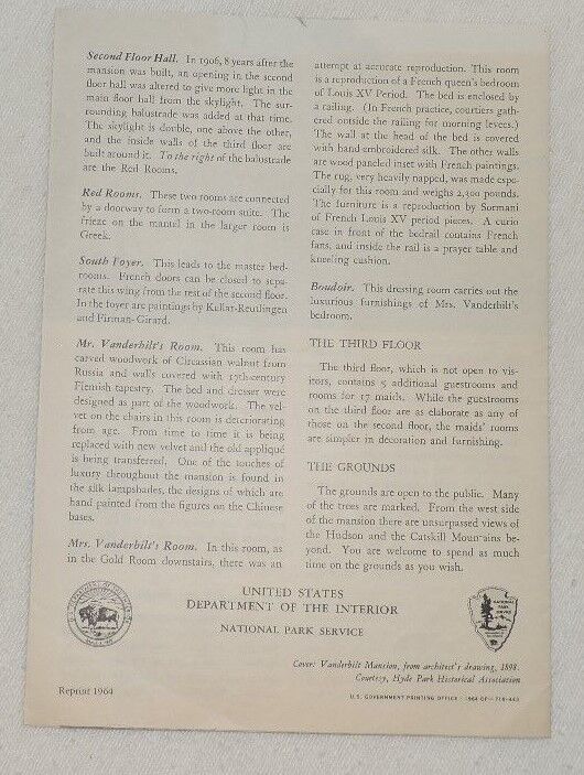 Vintage (1964) Vanderbilt Mansion Informational Booklet, Hyde Park, New York