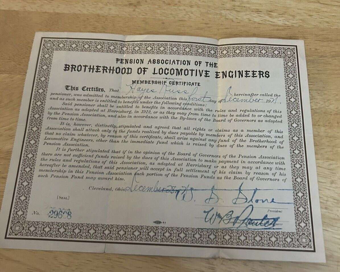 PENSION ASSOCIATION OF THE BROTHERHOOD OF LOCOMOTIVE ENGINEERS CERTIFICATE 1921