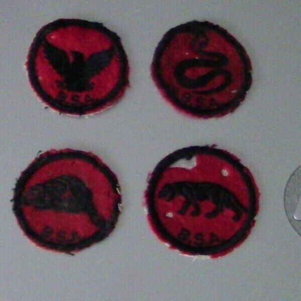 Vintage BSA : Black on Red Patrol Patch Set (Cougar/Snake/Eagle/Beaver)