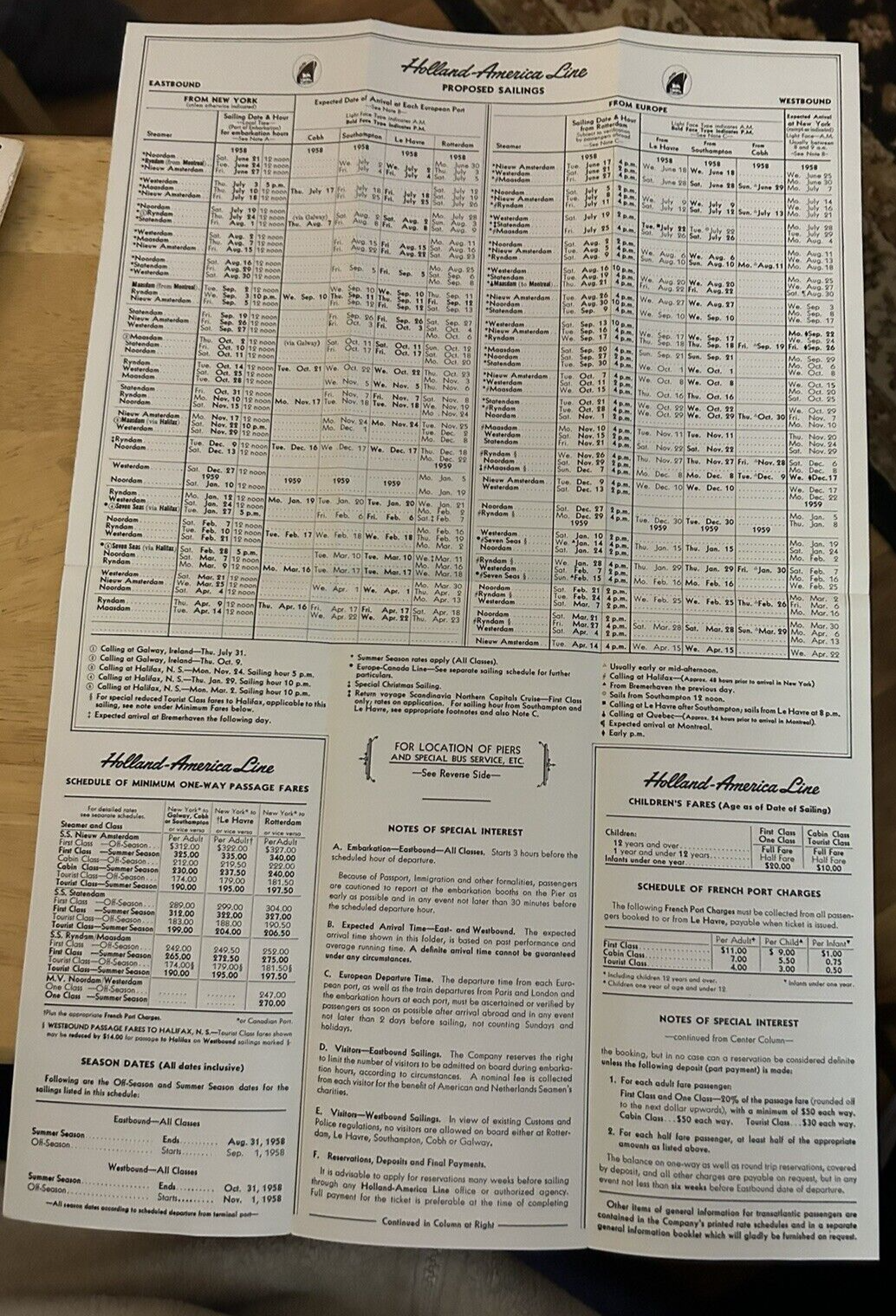 VINTAGE: HOLLAND-AMERICAN LINE 1958 SAILINGS, IRELAND, ENGLAND, FRANCE, HOLLAND