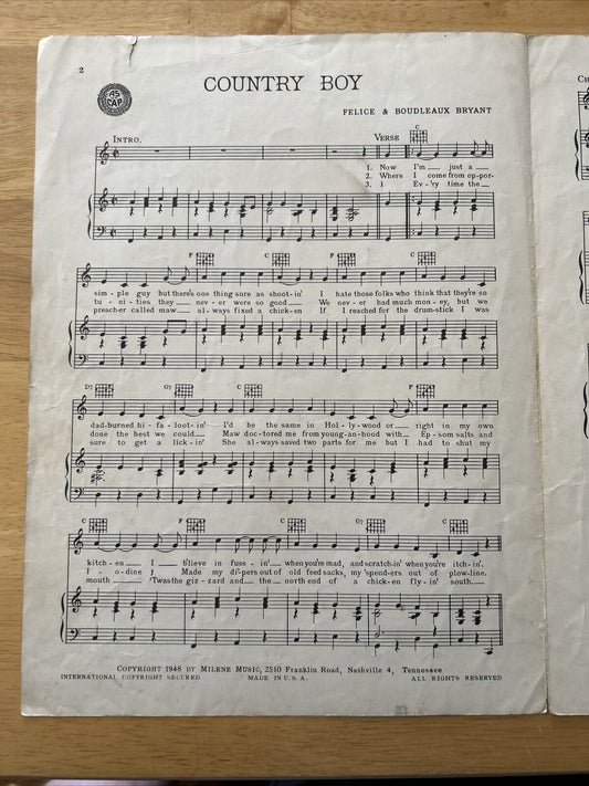 Country Boy Words and Music by Felice and Boudleaux Bryant