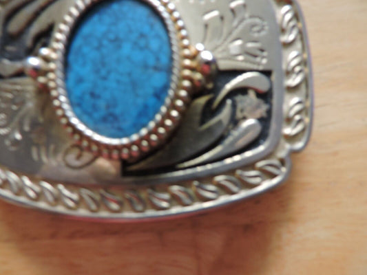RECTANGULAR SHAPED BELT BUCKLE WITH OVAL TURQUOISE STONE 4X3 INCHES