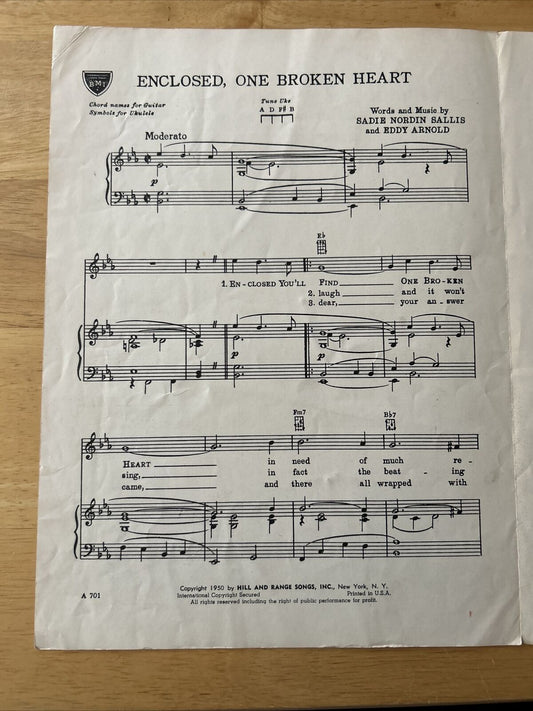 Enclosed, One Broken Heart Sheet Music 1950