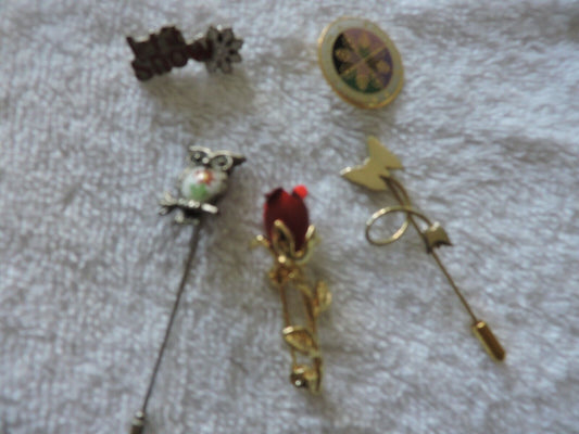 LOT OF FIVE LAPEL PINS- LET IT, COLORADO SNOWFLAKE, BUTTERFLY, ROSE, OWL