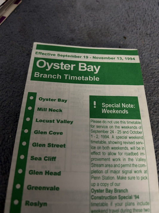 TIMETABLE: LONG ISLAND RAIL ROAD OYSTER BAY 9/19-11/13, 1994