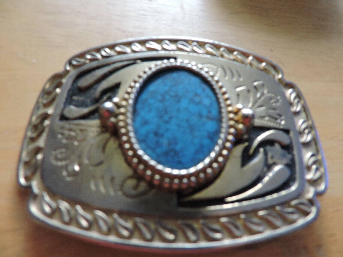 RECTANGULAR SHAPED BELT BUCKLE WITH OVAL TURQUOISE STONE 4X3 INCHES