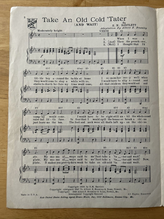 Take an Old Cold 'Tater (And Wait) Sheet Music 1924 by E.M. Barlett