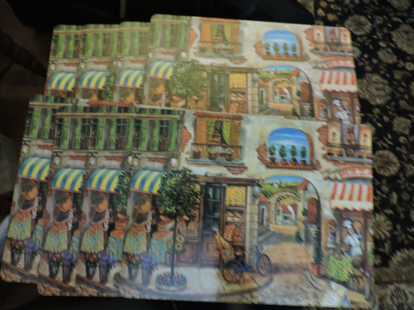 8 COLORFUL PLACEMATS OF AN ITALIAN COURT YARD SCENE 15 X 12.5 INCHES