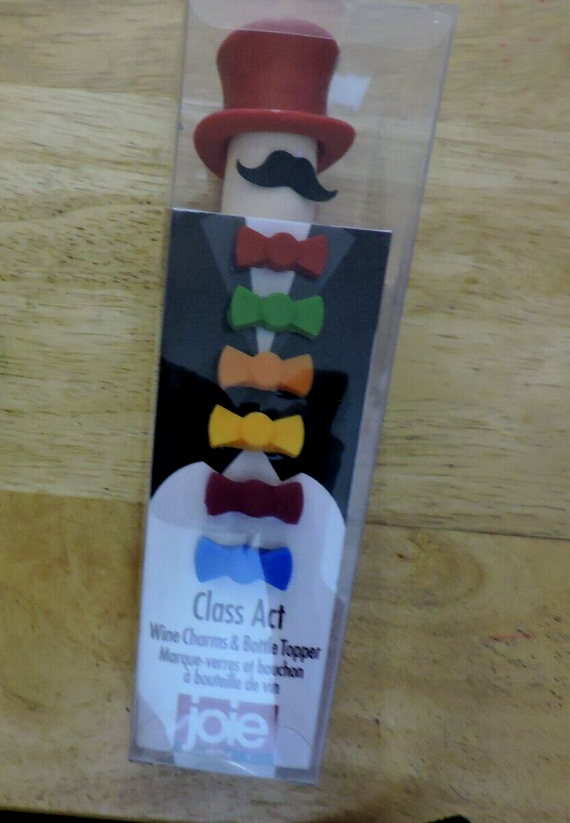 Joie Class Act Set Of 6 Silicone Bow Tie Wine Glass Charms & 1 Bottle Topper