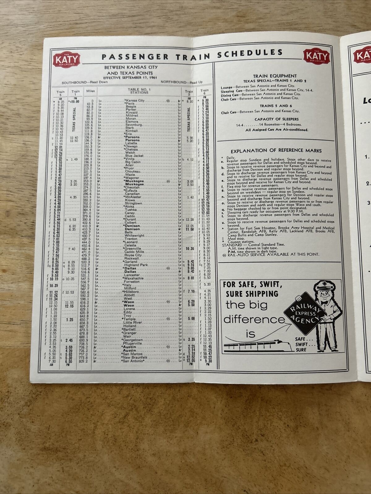 The Katy Railroad Time Table Sep 17 1961