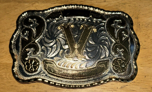 Beautiful Gold/Silver Fashion 5 3/4" X 4" Belt Buckle "V"