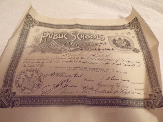 Vintage 20th Century (1923) Kansas City, MO Elementary Graduation Certificate