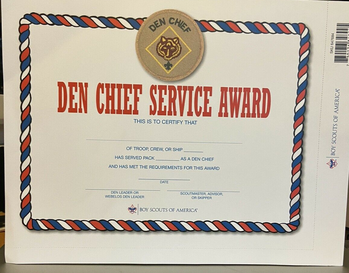BSA: Cub Scout Den Chief Service Award Certificate (Ready for Scouts Name)