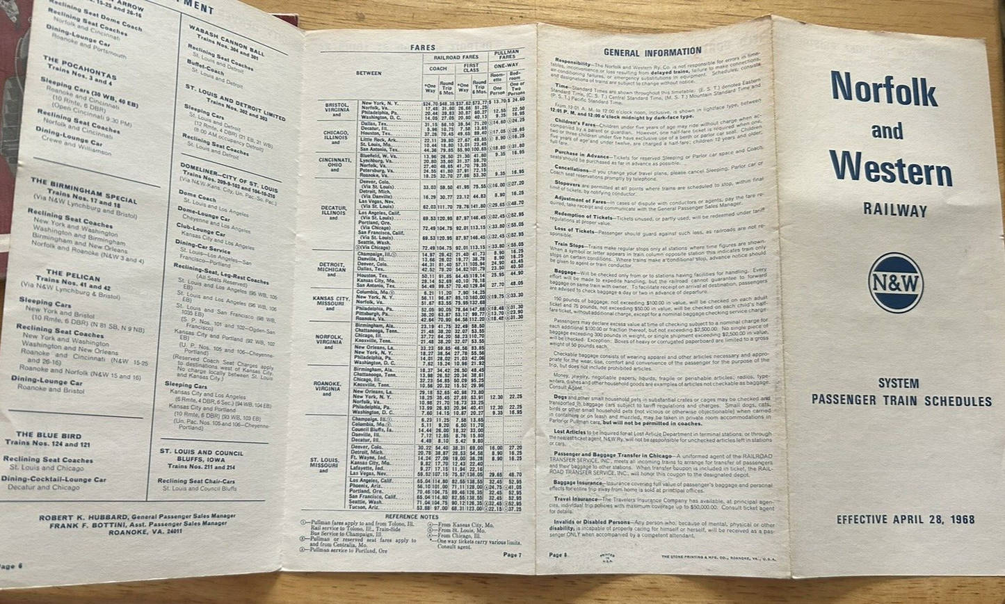 NORFOLK AND WESTERN RAILWAY SYSTEM PASSENGER TRAIN SCHEDULES APRIL 28, 1968
