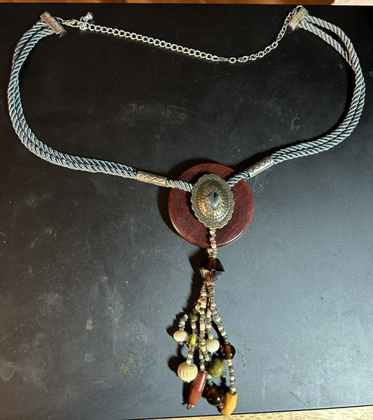Beautiful 23" long Necklace (Cloth Rope/Silver Centerpiece/Beaded)