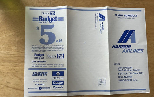 HARBOR AIRLINES FLIGHT SCHEDULE APRIL 29, 1984