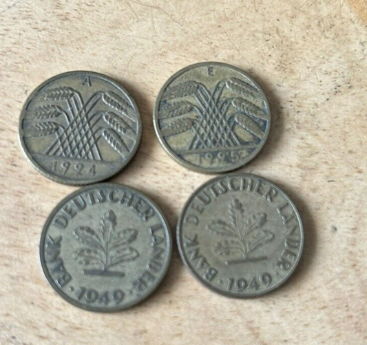 Bank Deutscher Lander: Lot of 4-1924,1925,1949,  GERMAN 10 PFENNIG Coins