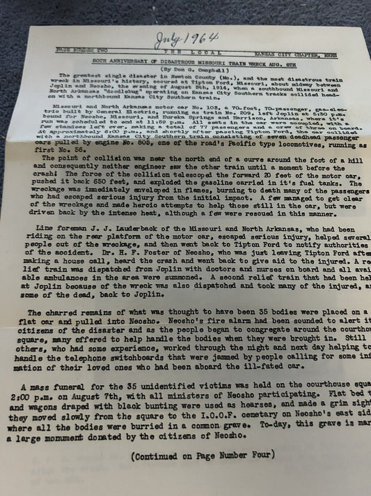 ARTI CLE ON THE 50TH ANNIVERSARY OF MO TRAIN WRECK, AUGUST 5, 1914, NRHS