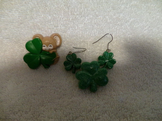 Vintage Set of 4-Leaf Clover Earrings and 2 3 Leaf Clover Lapel Pins Lot
