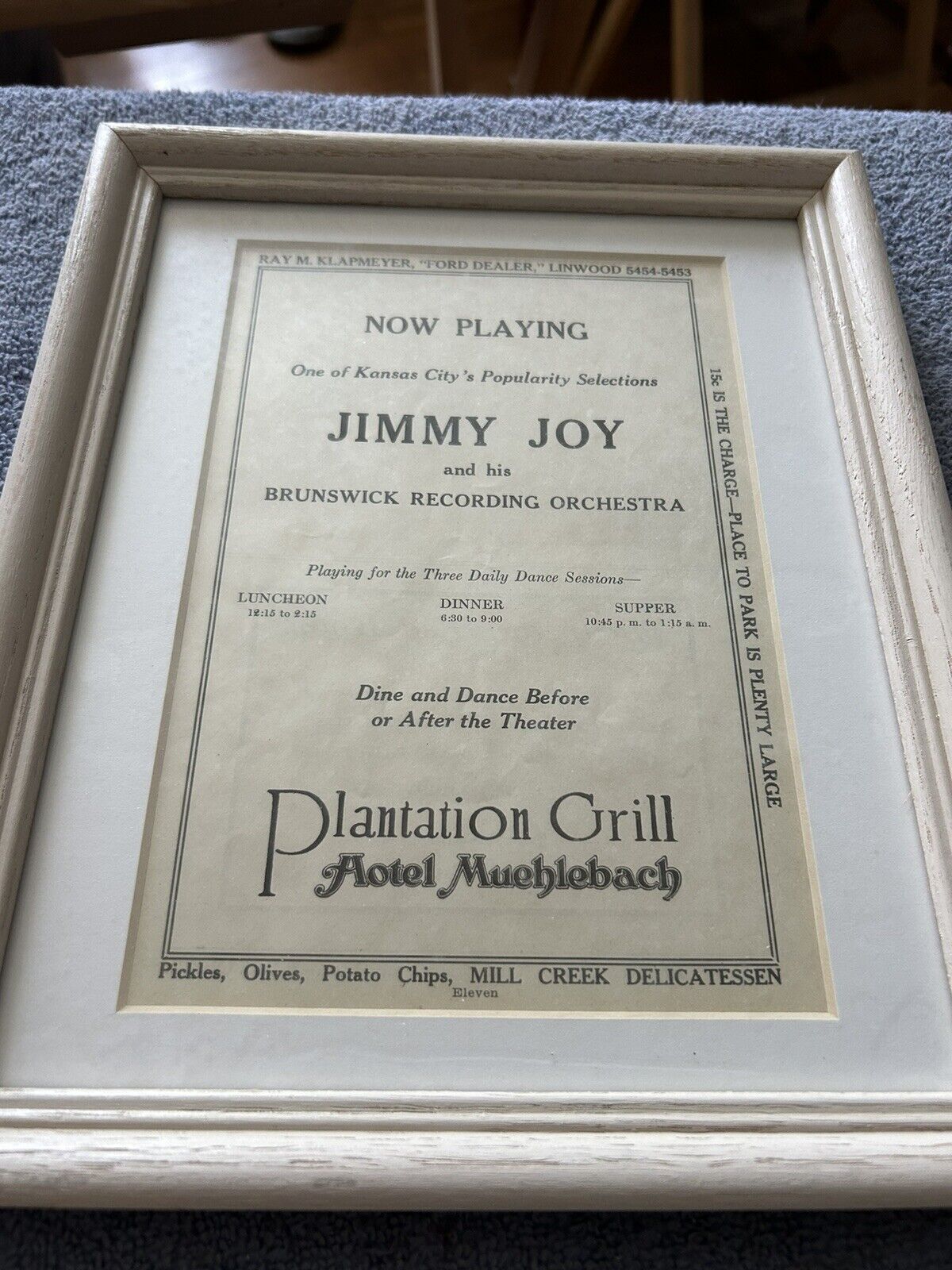 VINTAGE ADVERTISING PIECE FOR: JIMMY JOY & ORCHESRA IN THE PLANTATION GRILL