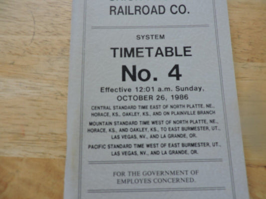 UNION PACIFIC RAILROAD CO. SYSTEM TIMETABLE NO. 4, 1986