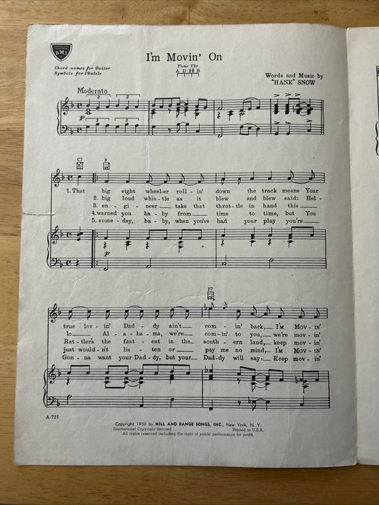 I'm Movin' On By Hank Snow Sheet Music 1950