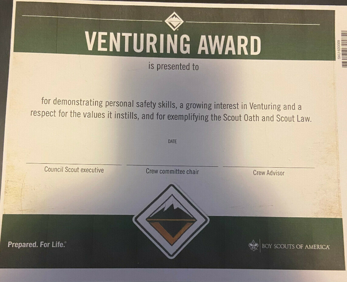 BSA: Venturing Rank Patch & Certificate Set