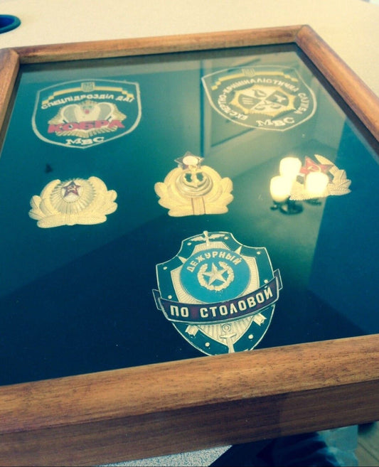 RARE VINTAGE RUSSIAN MILITARY BADGES AND PATCHES IN AN OAK DISPLAY CASE