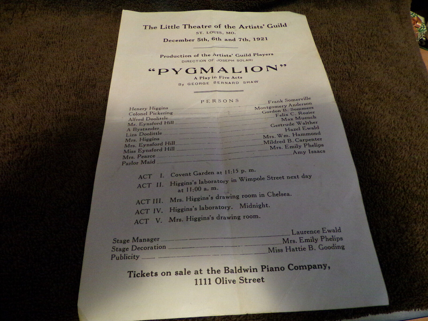 Vintage 1921 "Pygmalion (a play in five parts)" Advertisement Page-Baldwin Piano