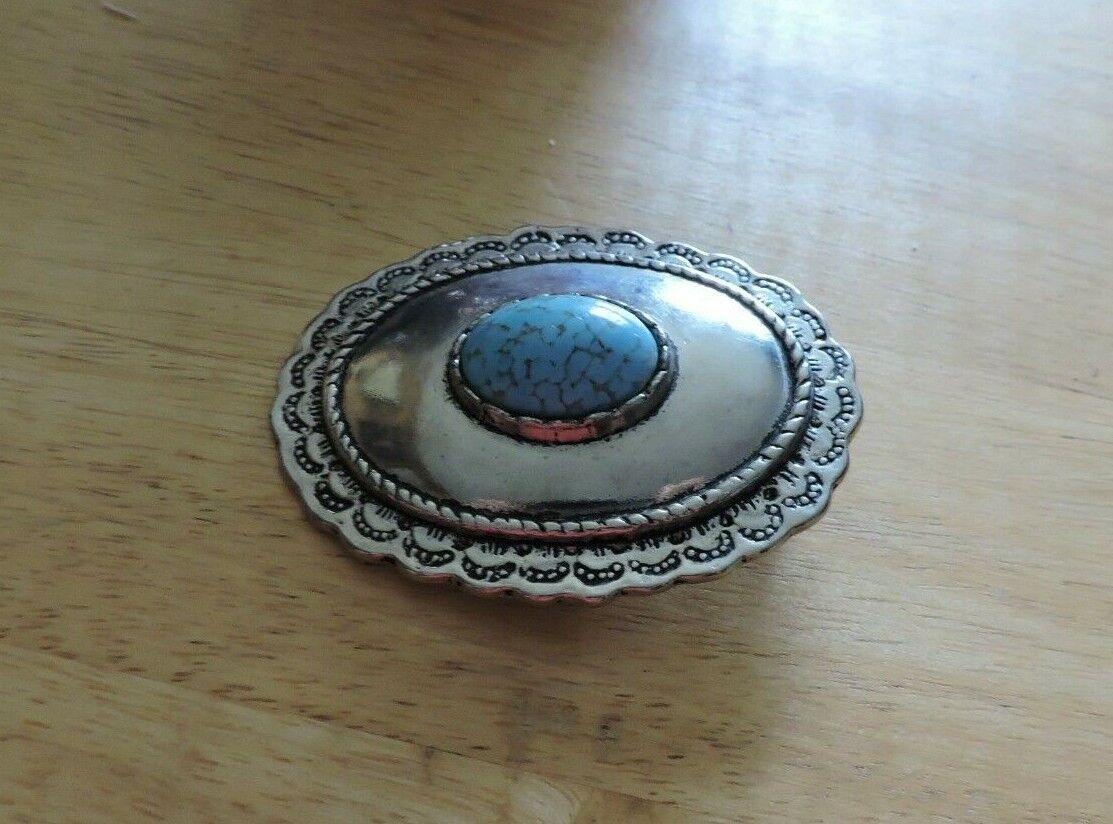 HANDMADE OVAL SHAPE PEWTER BELT BUCKLE WITH TURQUOISE OVAL STONE 3 X 2.5
