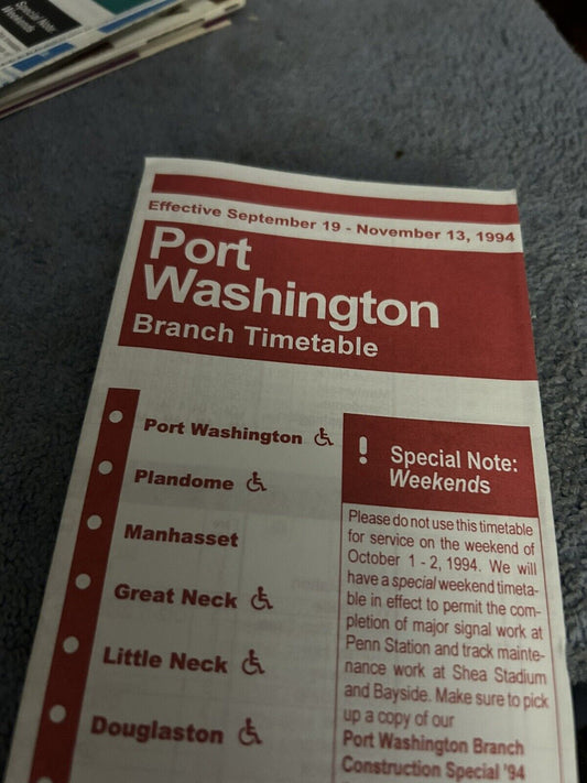 TIMETABLE: LONG ISLAND RAIL ROAD PORT WASHINGTON 9/19-11/13, 1994