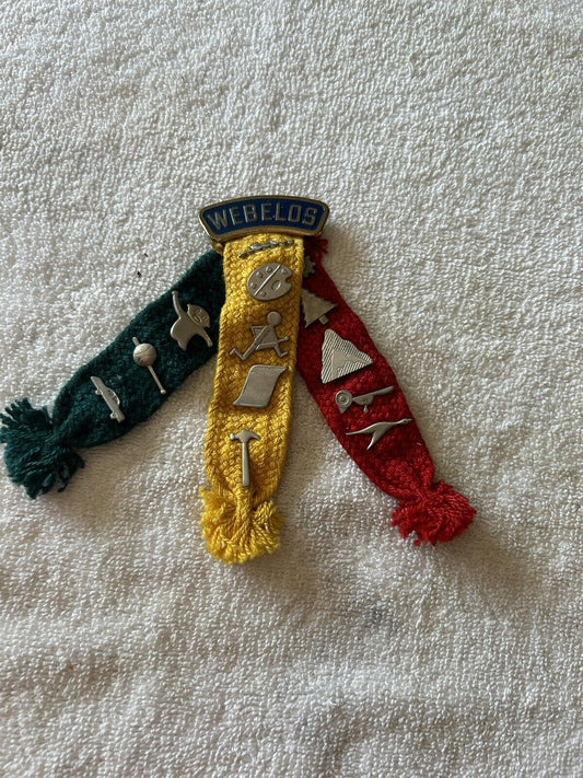 BOY SCOUTS WEBOLOS TRICOLOR RIBBON WITH 14 ACTIVITY PINS