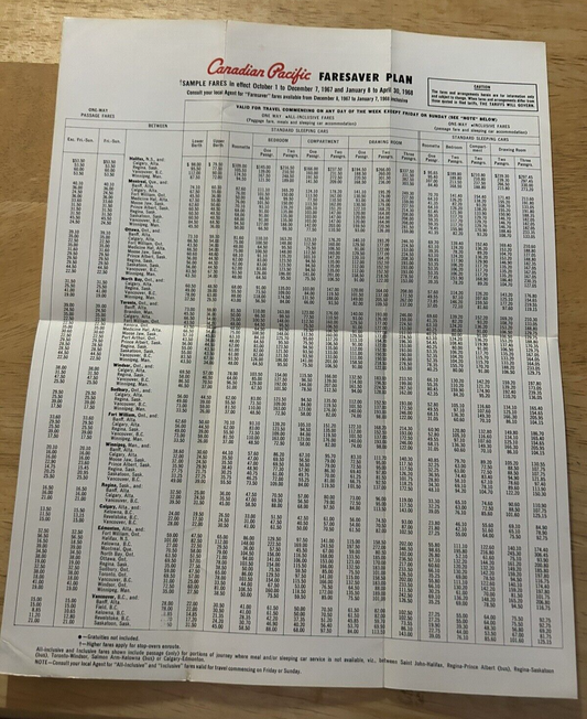 CANADIAN PACIFIC FARESAVER PLAN OCTOBER 1967-APRIL 1968
