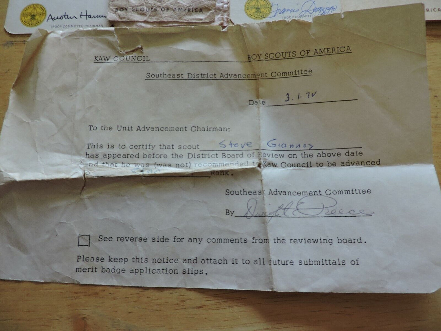 Boy Scout Memorabilia:  Advancement Cards From Between 1968-1973