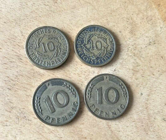Bank Deutscher Lander: Lot of 4-1924,1925,1949,  GERMAN 10 PFENNIG Coins