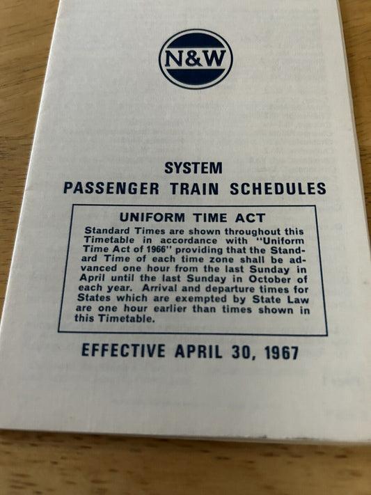 RAILROAD TIMETABLE: NORFOLK & WESTERN RAILWAY TIME TABLE APRIL 30, 1967