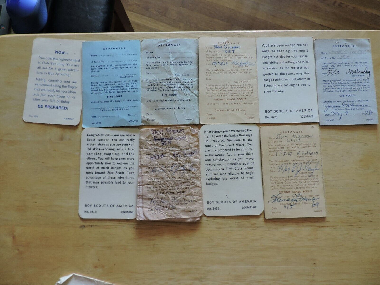 Boy Scout Memorabilia:  Advancement Cards From Between 1968-1973