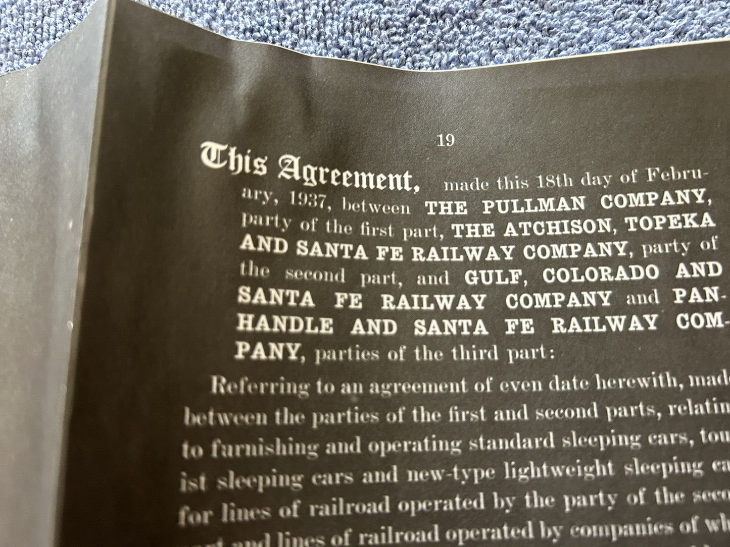1937 AGREEMENT BETWEEN PULLMAN CO. & THE ATCHISON, TOPEKA, & SANTE FE RAILWAY CO