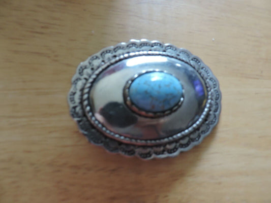 HANDMADE OVAL SHAPE PEWTER BELT BUCKLE WITH TURQUOISE OVAL STONE 3 X 2.5