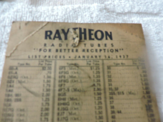 PRICE LIST FOR RAYTHEON RADIO TUBES JANUARY 16, 1937